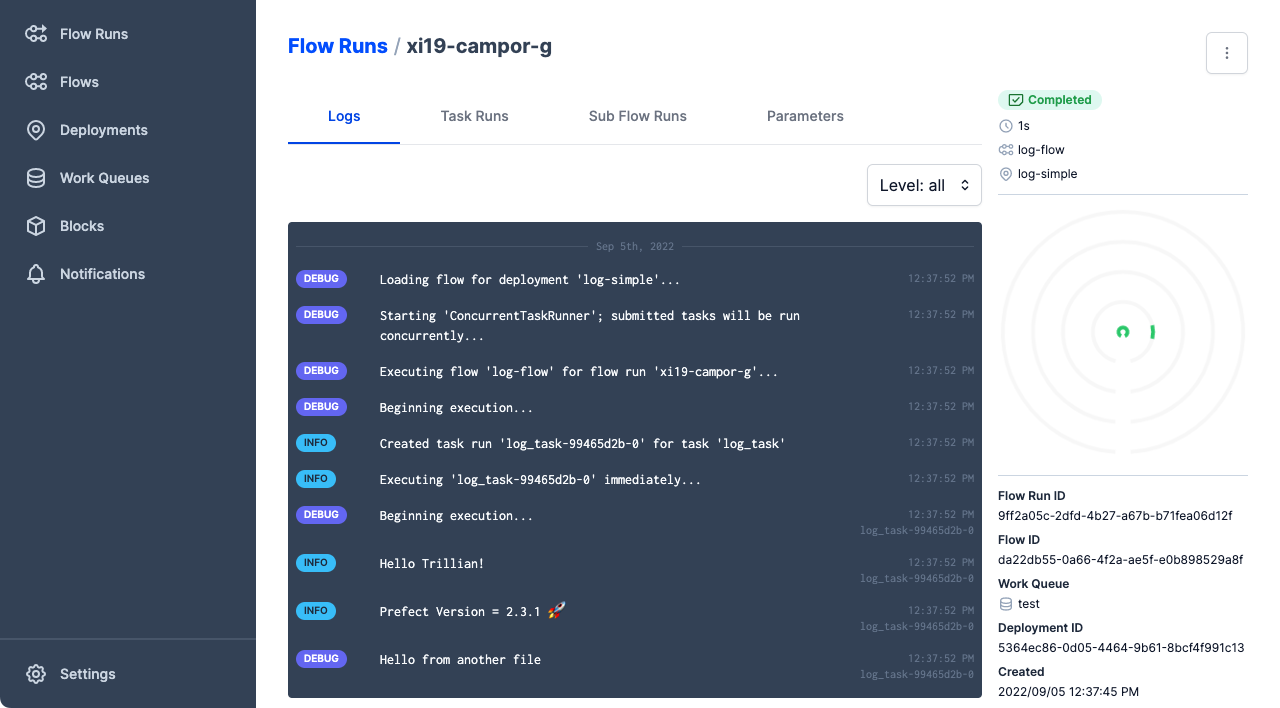 The flow run logs show the expected Hello Trillian! log message