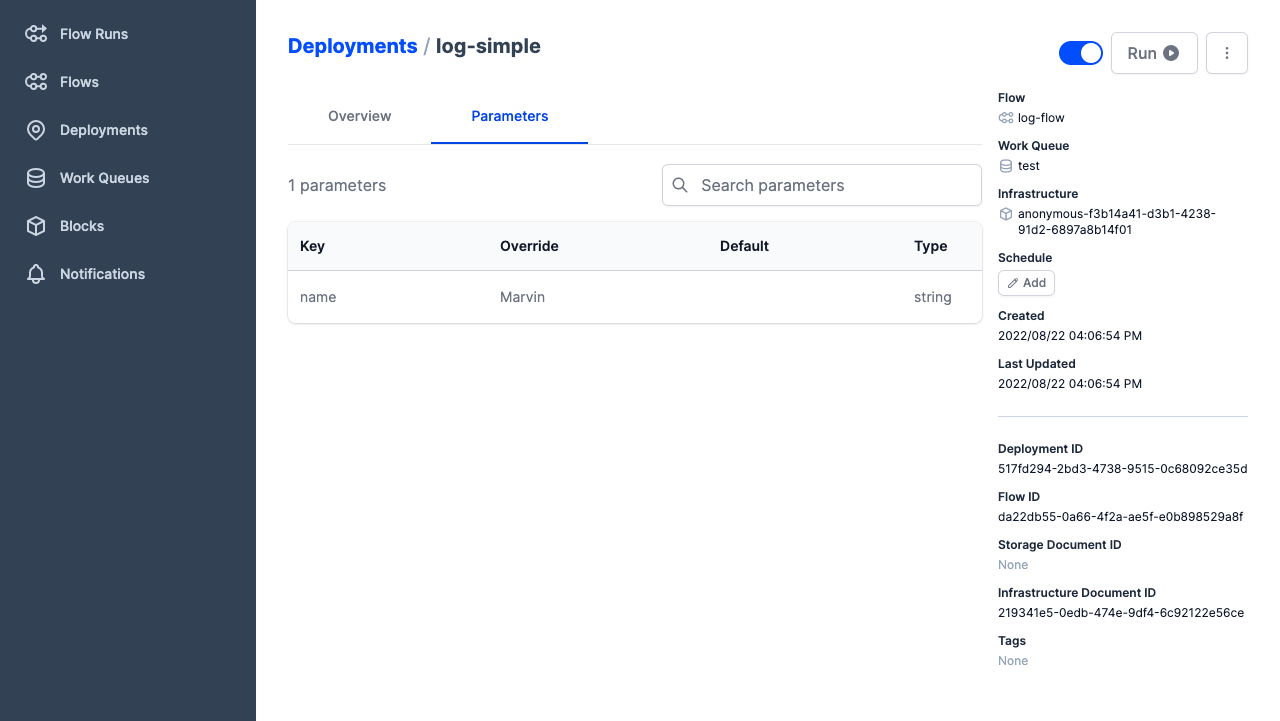 Viewing deployment parameters