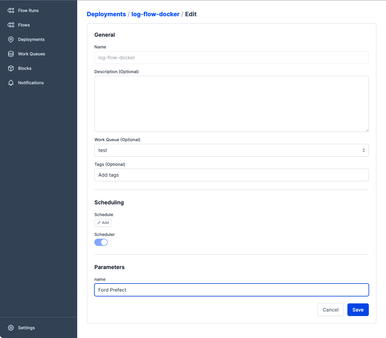 Editing the Docker deployment details in the Prefect UI