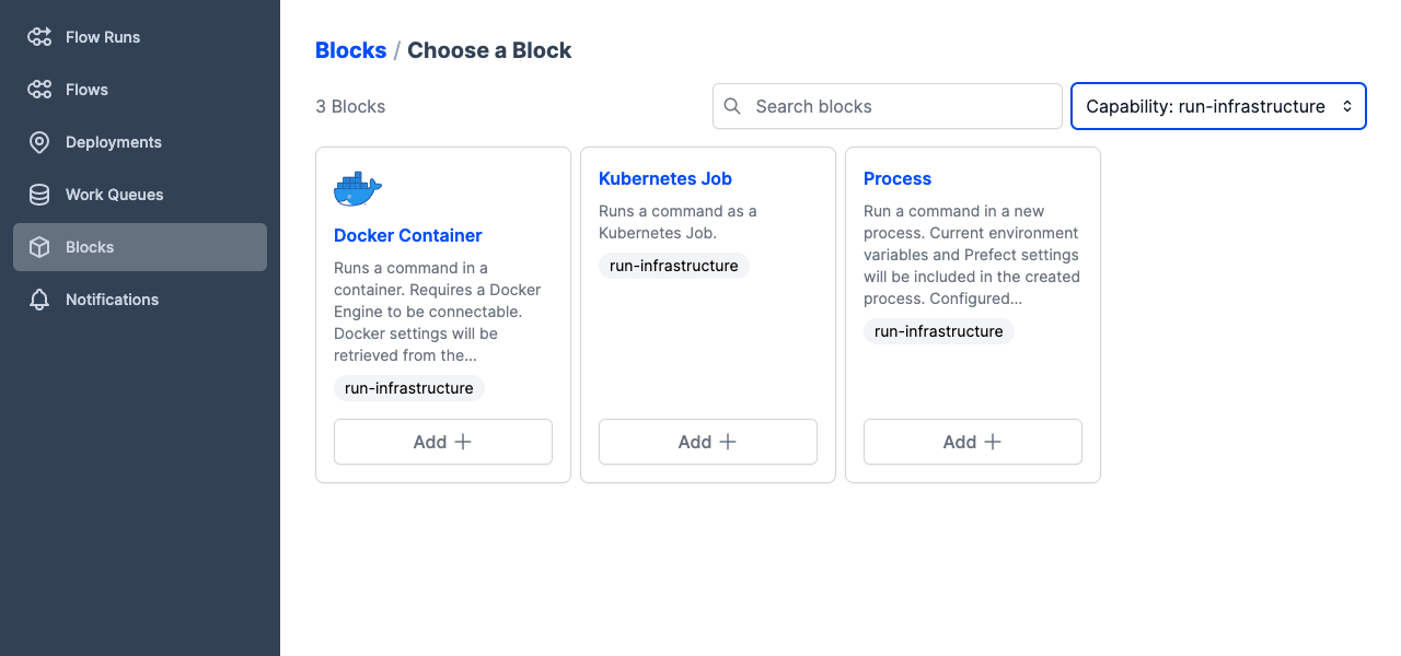 Viewing a list of infrastructure block types in the Prefect UI