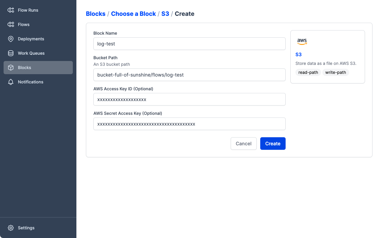 Configuring an S3 storage block in the Prefect UI