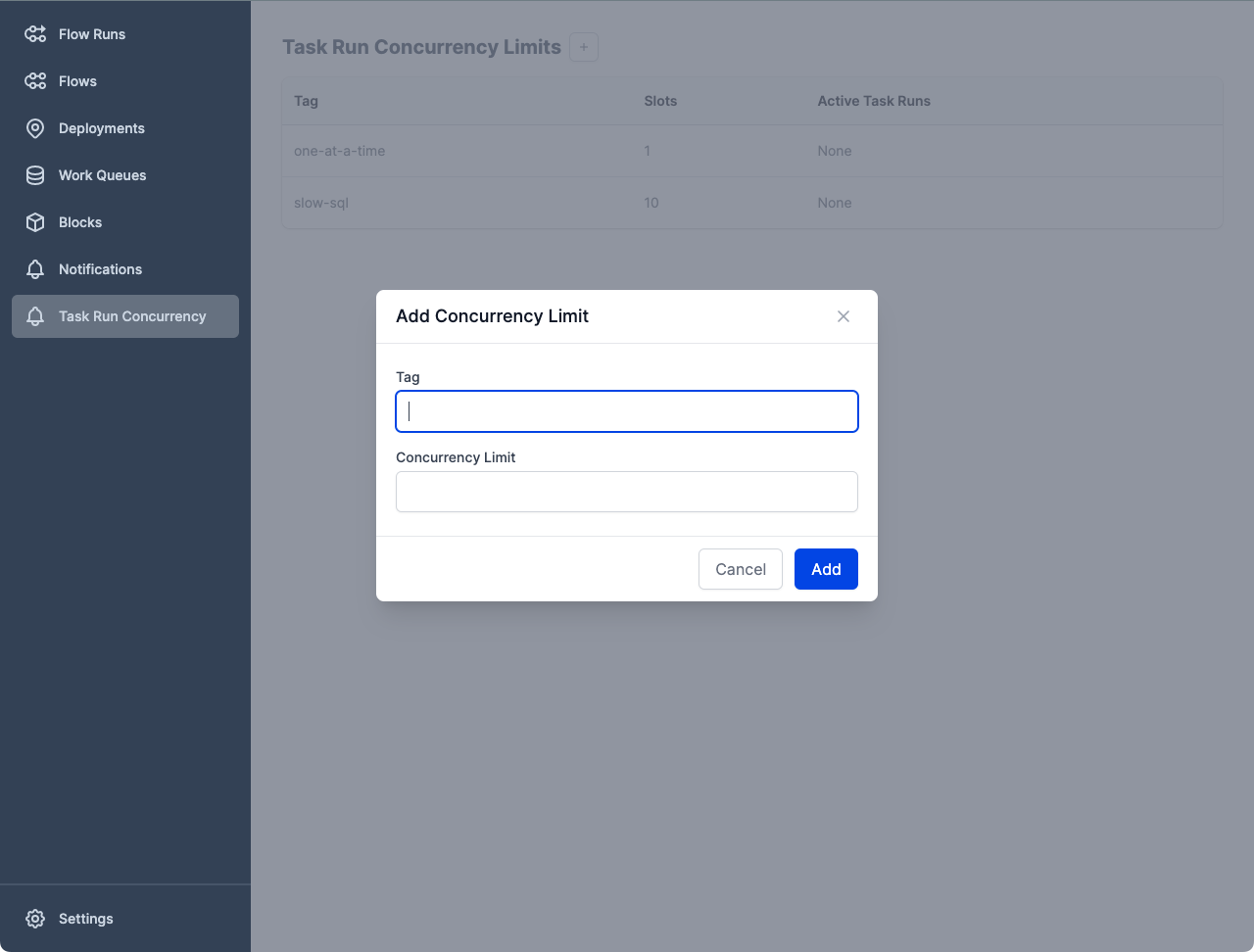 Adding a new task run concurrency limit in the Prefect UI