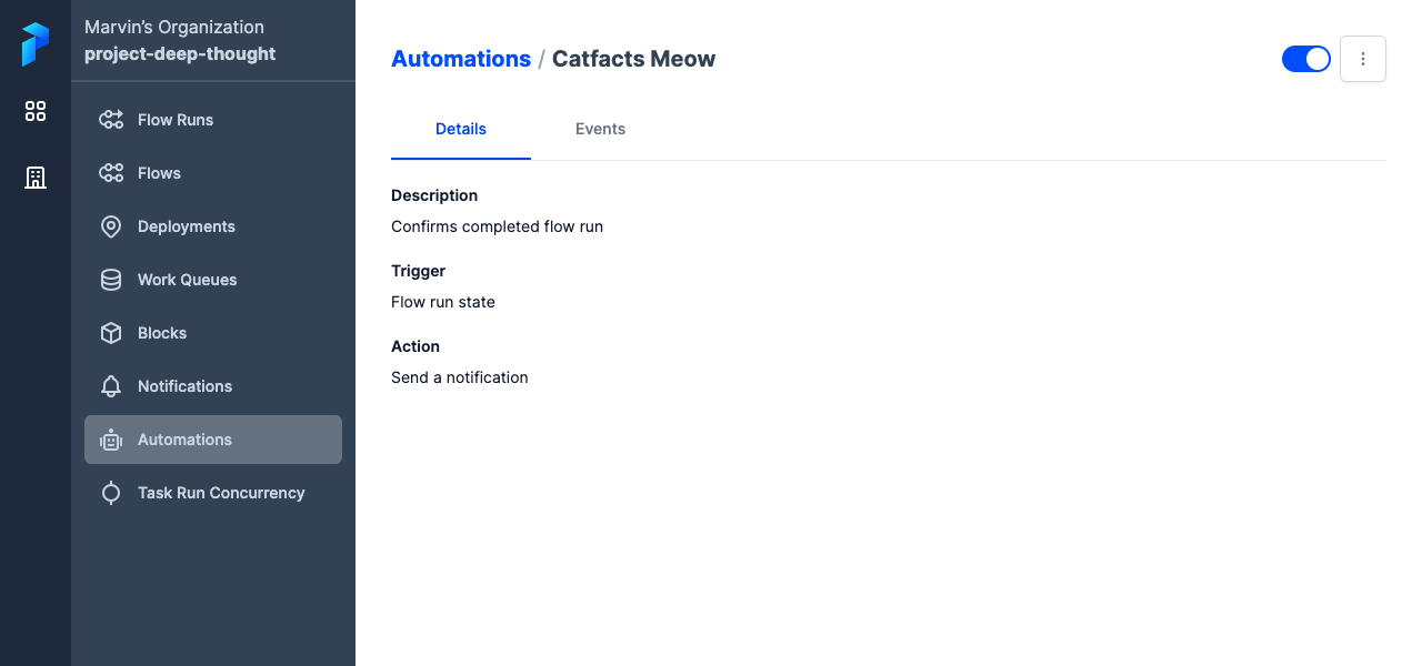 Viewing details of an automation in Prefect Cloud.