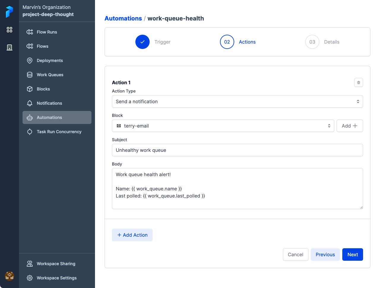 Configuring notifications for an automation in Prefect Cloud.