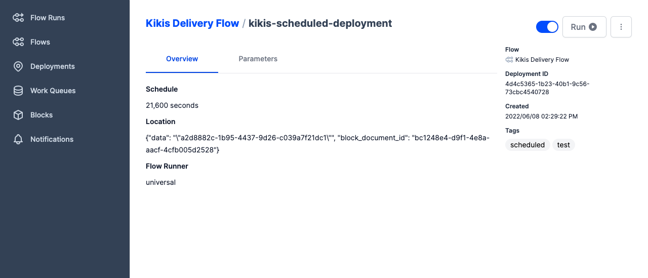 Viewing details of a deployment in the Prefect UI