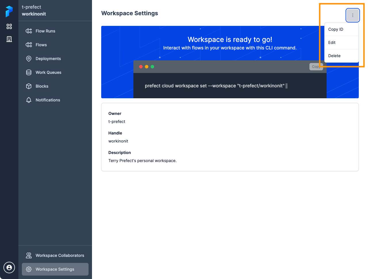 Managing a workspace in the Prefect Cloud UI.